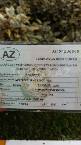 Mercedes Atego 818 2002, 5,000 km - 4.3 л - Ağdaş