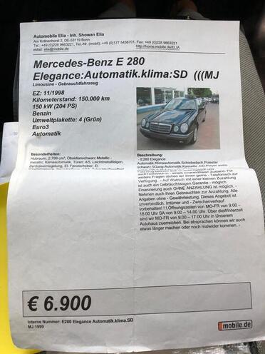 Mercedes E 280 1998, 269,700 km - 2.8 l - Bakı
