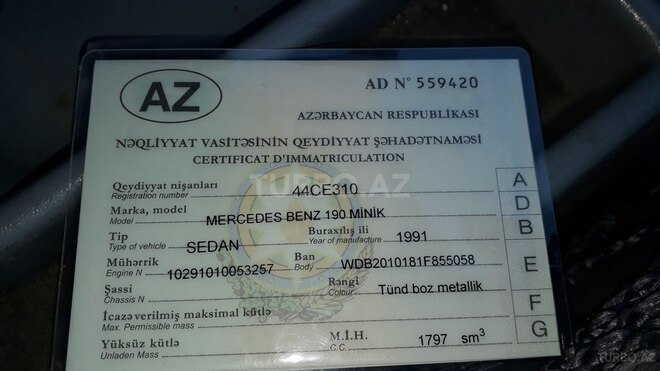 Mercedes 190 1991, 529,000 km - 1.8 l - Masallı