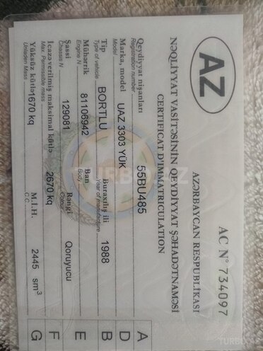 UAZ 3303 1988, 280,008 km - 2.4 l - Qusar