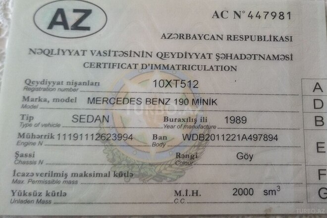Mercedes 190 1989, 532,077 km - 2.0 l - Bakı