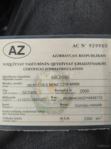 Mercedes C 230 2000, 245,300 km - 2.3 l - Sumqayıt