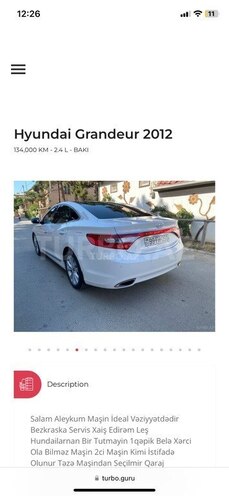 Hyundai Grandeur 2012, 158,000 km - 2.4 l - Bərdə