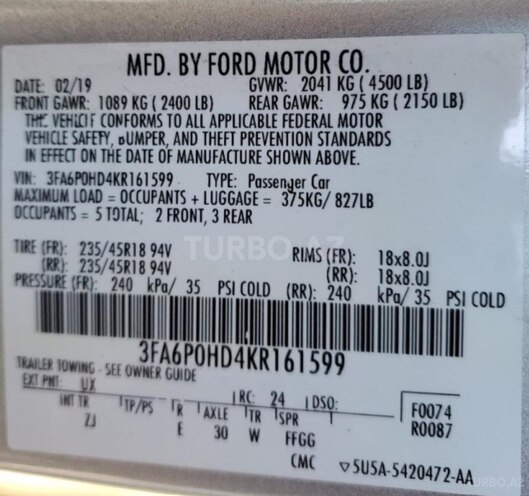 Ford Fusion (North America) 2019, 144,600 km - 1.5 l - Bakı