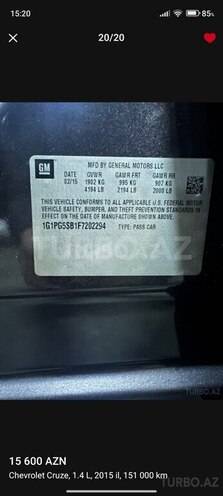 Chevrolet Cruze 2015, 160,000 km - 1.4 l - Gəncə