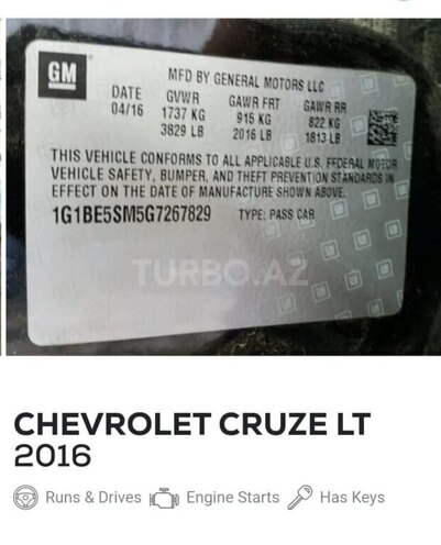 Chevrolet Cruze 2016, 112,000 km - 1.4 л - Bakı
