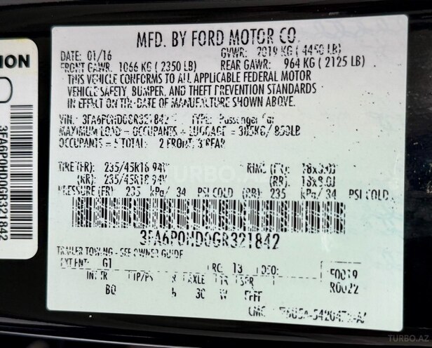 Ford Fusion (North America) 2016, 114,000 km - 1.5 л - Bakı