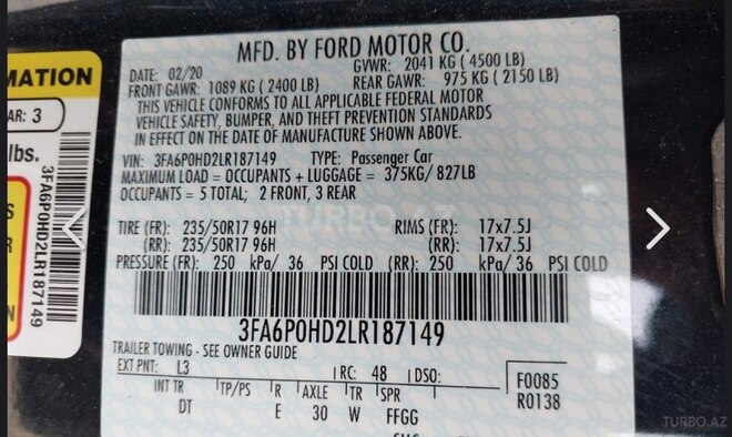 Ford Fusion (North America) 2020, 135,990 km - 1.5 л - Bakı