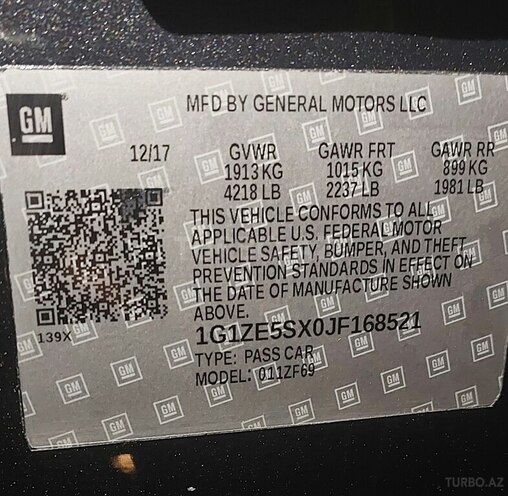 Chevrolet Malibu 2017, 180,600 km - 2.0 l - Bakı