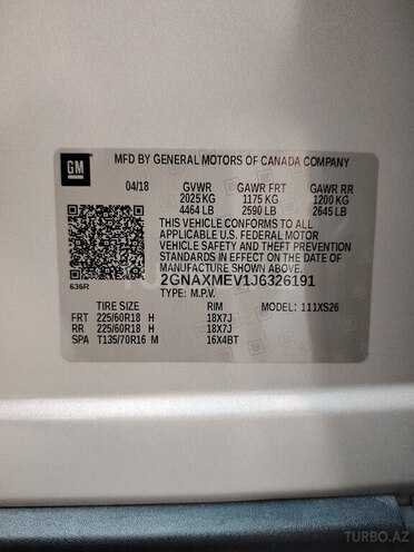 Chevrolet Equinox 2018, 103,000 km - 1.5 l - Bakı