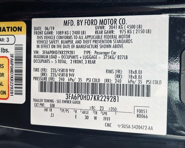 Ford Fusion (North America) 2019, 81,500 km - 1.5 l - Bakı