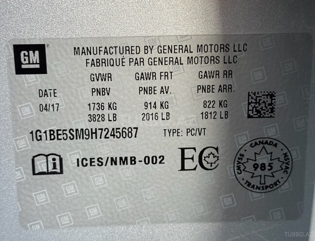 Chevrolet Cruze 2017, 180,247 km - 1.4 l - Gəncə
